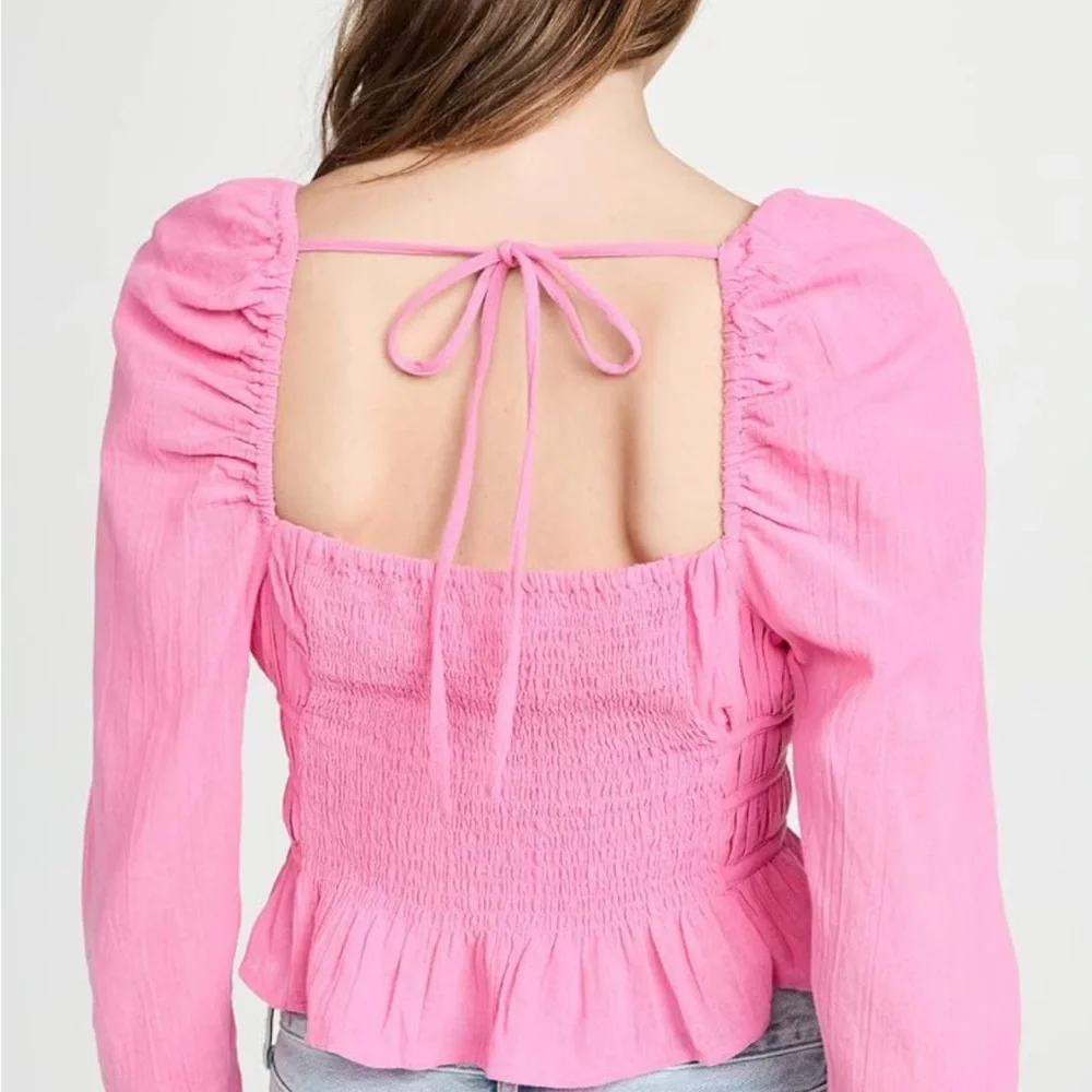 FREE PEOPLE CHLOE TIE BACK LONG SLEEVES CROPPED SMOCKED TOP BLOUSE HOT PINK SZ S